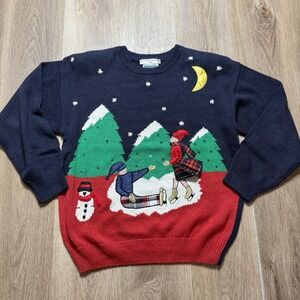 VTG Haberdashery UglyChristmas Sweater Womens L Blue Knit‎  Ice Skaters